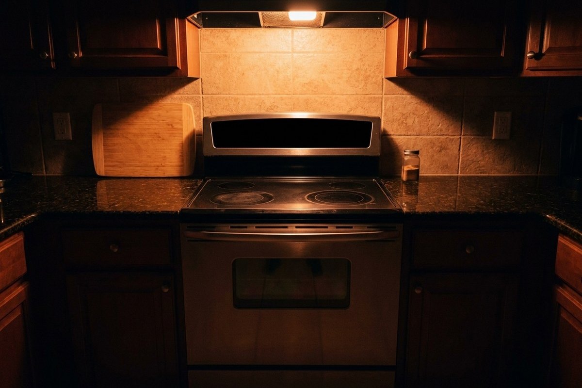 Freestanding electric range in a lived-in kitchen with a completely dark control panel after a self-clean cycle