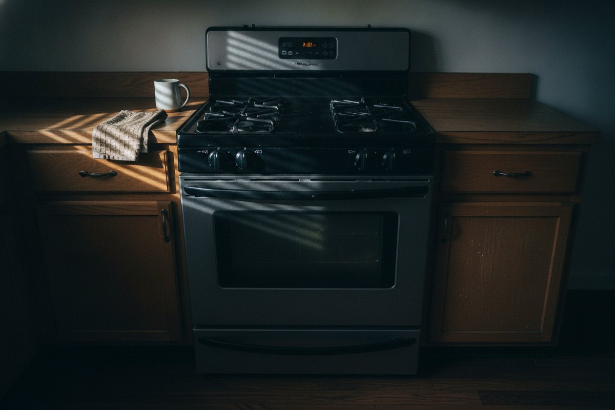 Whirlpool WFG320M0MS freestanding gas range in a home kitchen, clock lit on the control panel and the oven door closed