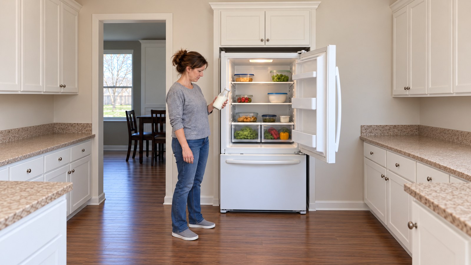 Homeowner examining a plain milk bottle beside an open bottom-freezer refrigerator