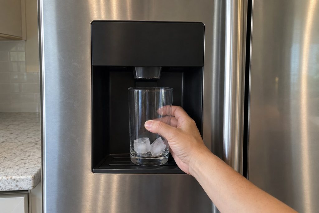 Hand holds a glass containing only two cubes beneath the exterior ice chute