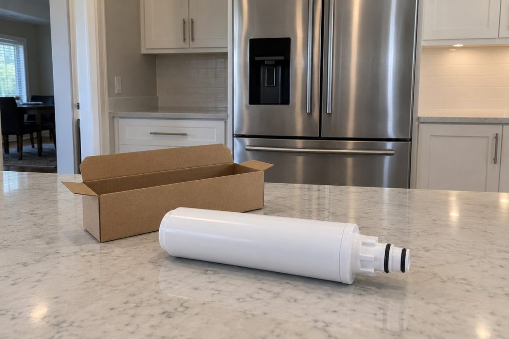 Unmarked replacement water filter cartridge and plain box on a bare counter beside the refrigerator