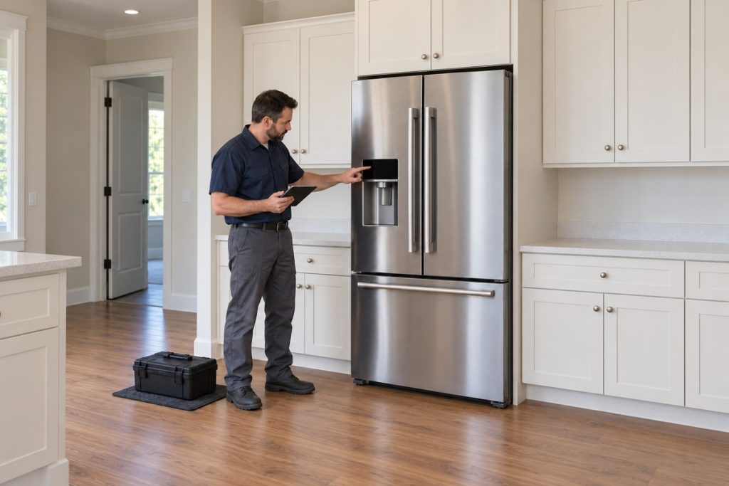 Technician checking the exterior dispenser controls while holding a tablet