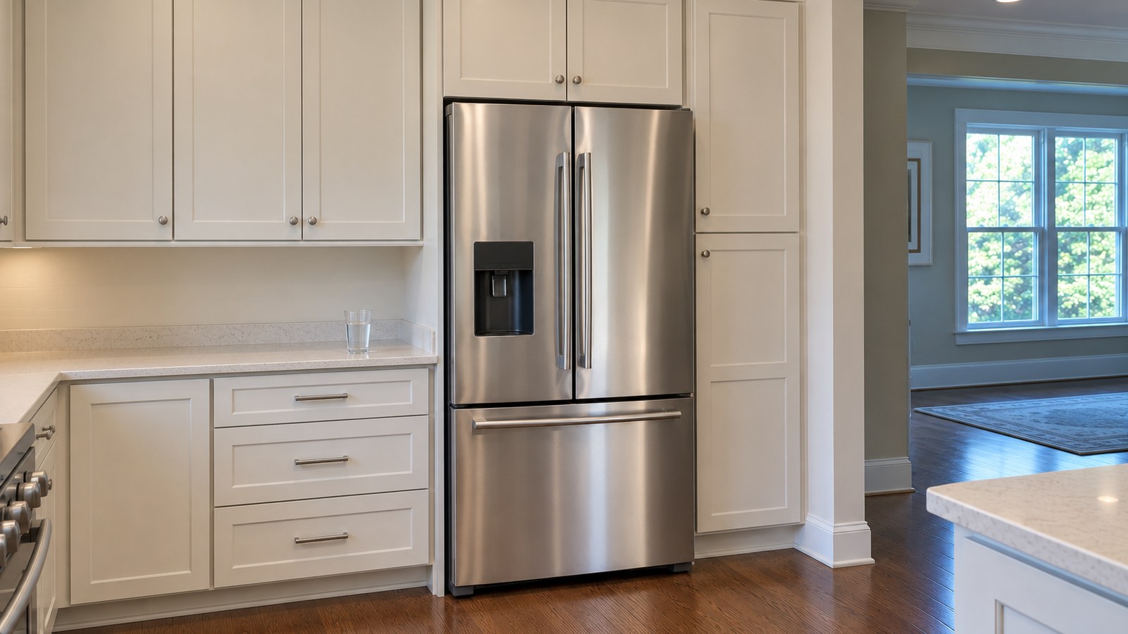 Closed stainless French-door refrigerator with a left-door dispenser in a daylight home kitchen