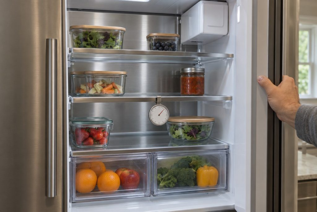 Refrigerator thermometer hanging from a shelf with food kept clear of the stainless steel back wall