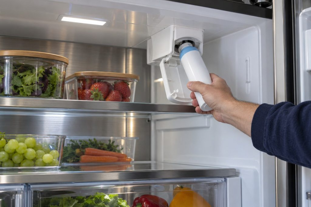 Hand installing a cylindrical water filter cartridge inside a refrigerator compartment