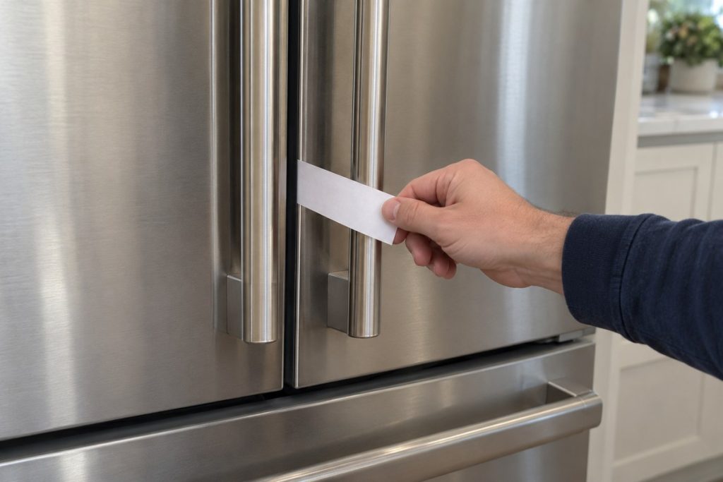 Strip of paper pinched in a refrigerator door gasket to test the seal