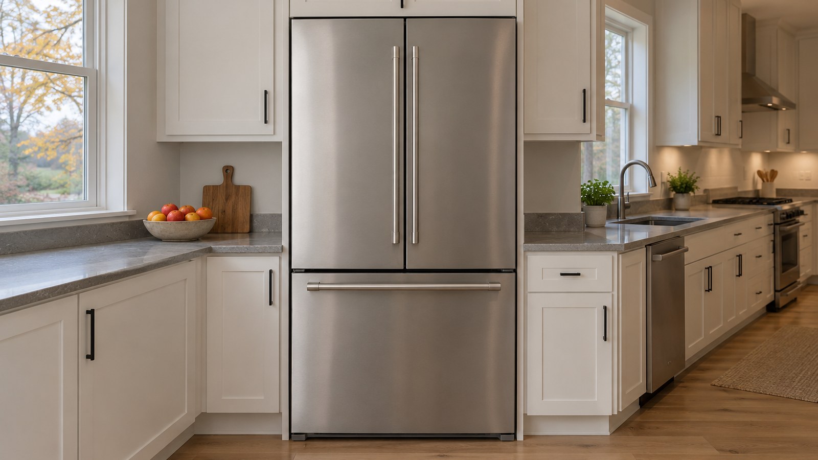 Stainless steel French door refrigerator with a bottom freezer drawer set nearly flush with light kitchen cabinets