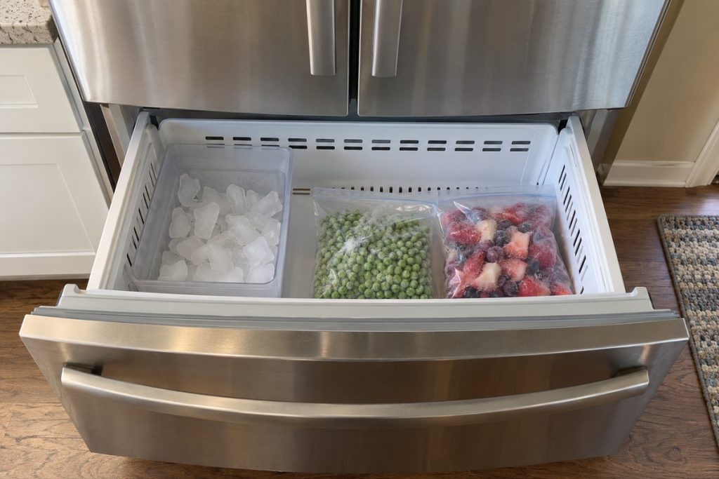 Open freezer drawer shows its gasket and food kept below the basket rim with space at the rear vents