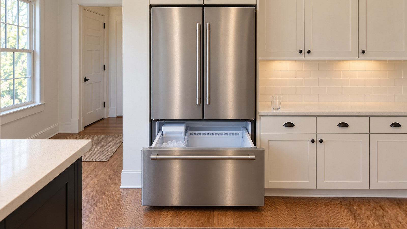 Straight-on daylight view of an unbranded Bosch-style French-door refrigerator with its freezer drawer pulled straight forward and centered beneath the doors