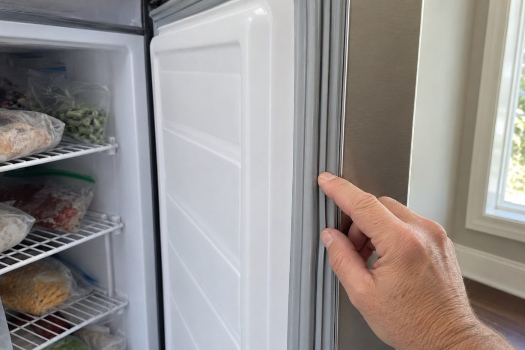 Fingertip checking the open door's rubber gasket
