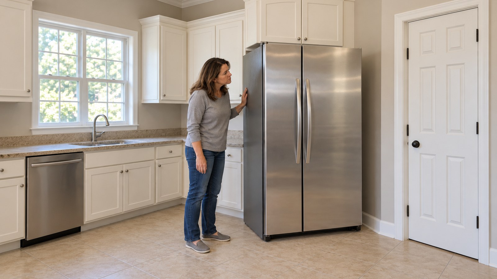 Homeowner listening beside a closed stainless side-by-side refrigerator