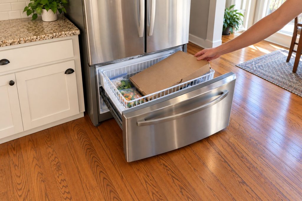Hand repositions a plain pizza box protruding above the open freezer basket