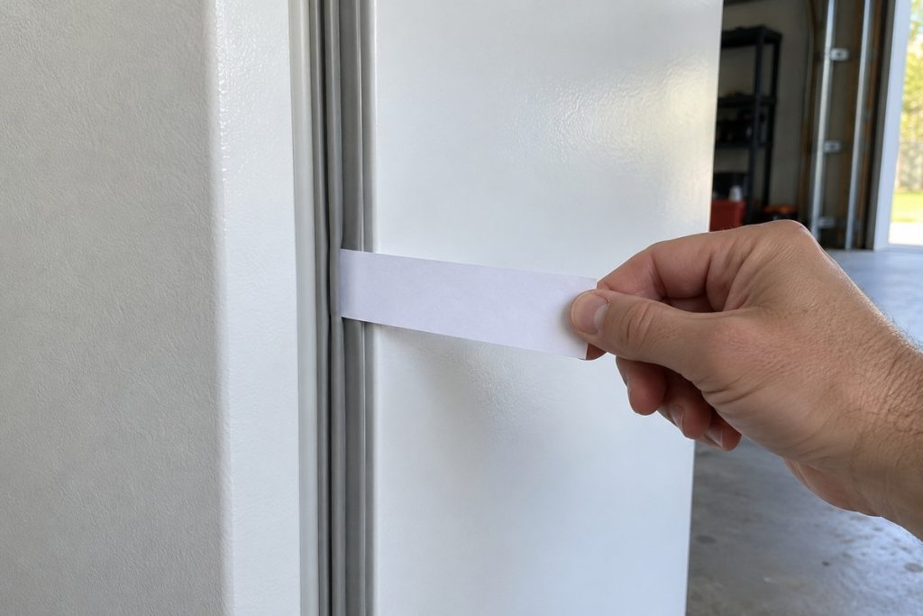 Hand gently pulls blank paper trapped in a closed upright-freezer gasket