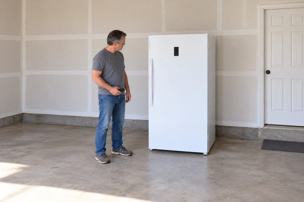 Homeowner examining the closed freezer's control with a phone held screen-away