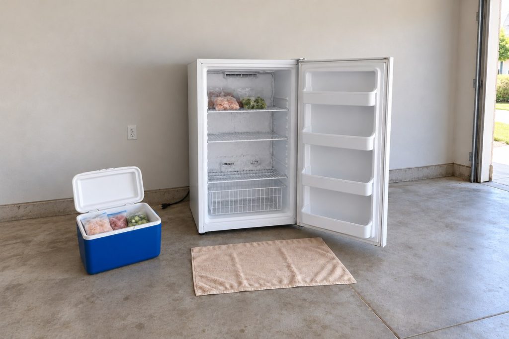 Open freezer with frost on its installed rear cover