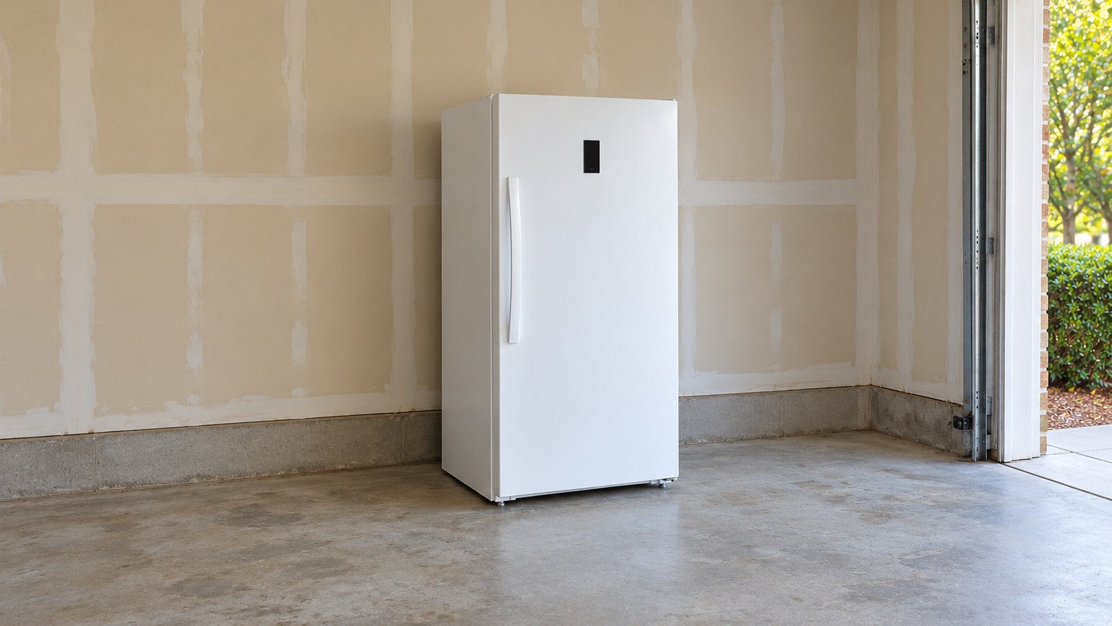 Unbranded white consumer upright freezer in a daylight garage with breathing clearance