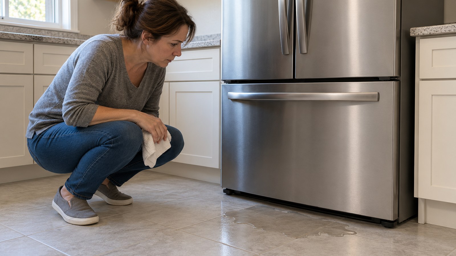Homeowner crouching beside a small puddle in front of a closed bottom freezer