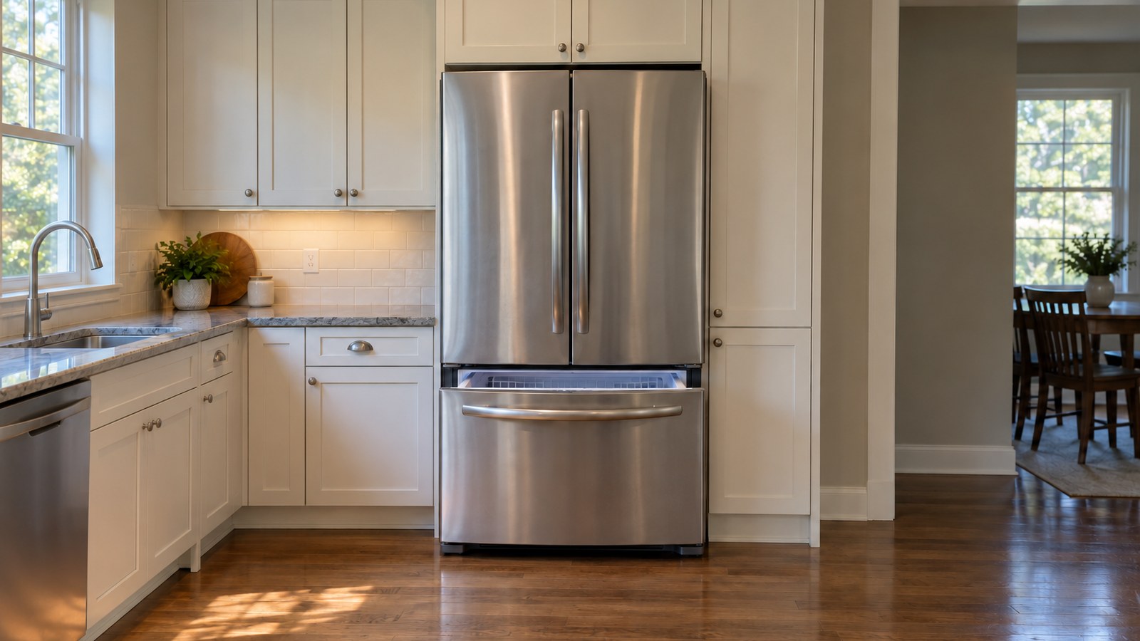 Stainless French-door refrigerator with its bottom freezer drawer slightly open in a daylight kitchen