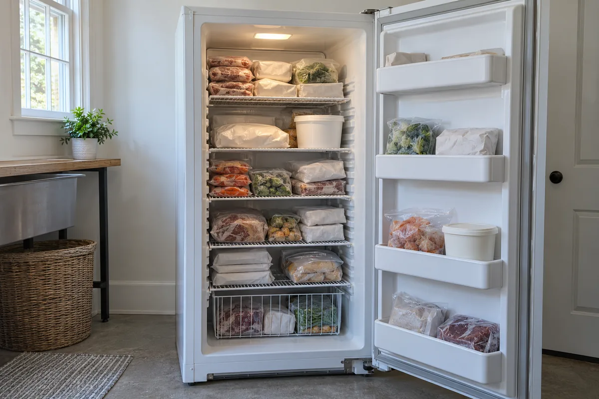 Open white upright freezer in a laundry room, wire shelves stocked with wrapped frozen food and a tub on the door shelf