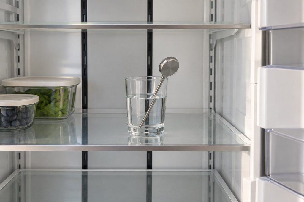 Probe thermometer immersed in water on an uncluttered fresh-food shelf