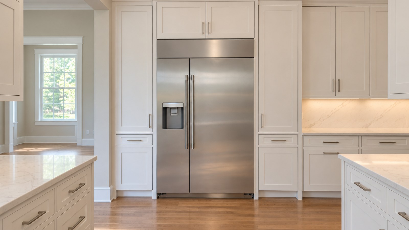 Monogram built-in refrigerator in a daylight home kitchen