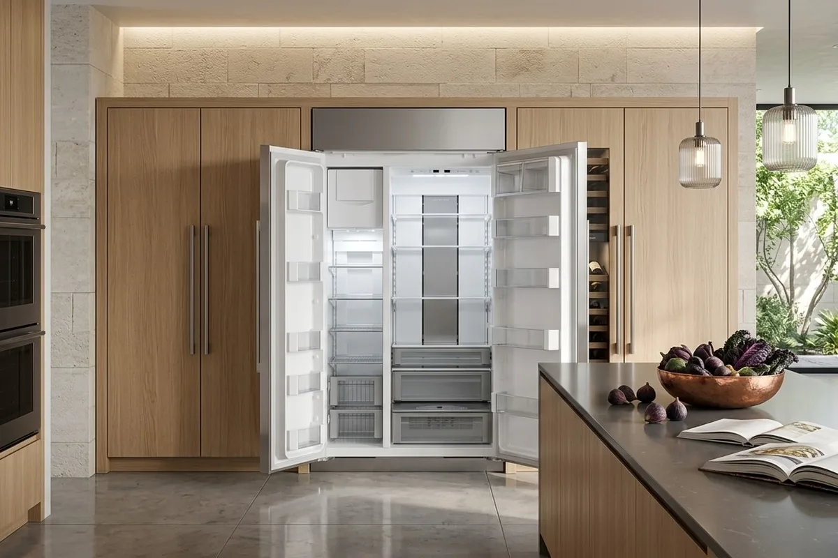 Built-in side-by-side refrigerator with both doors open, set flush into wood kitchen cabinetry
