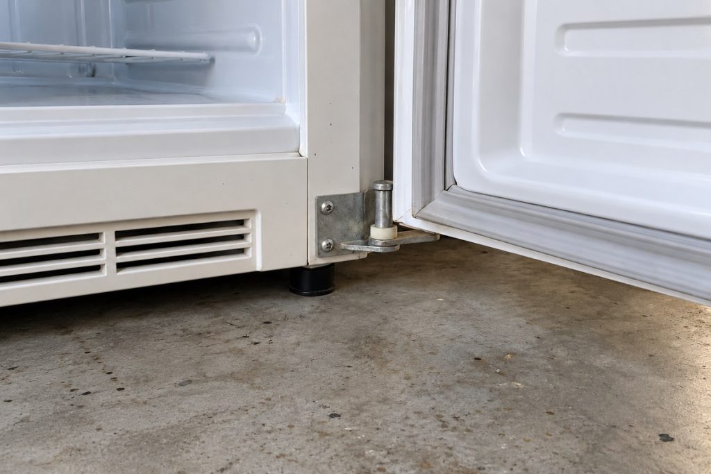 Close view of the attached lower hinge and plastic pivot sleeve