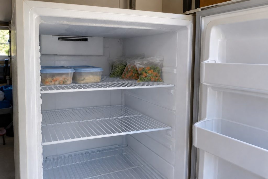 Plain frozen-food bags and containers set back behind the shelf edges