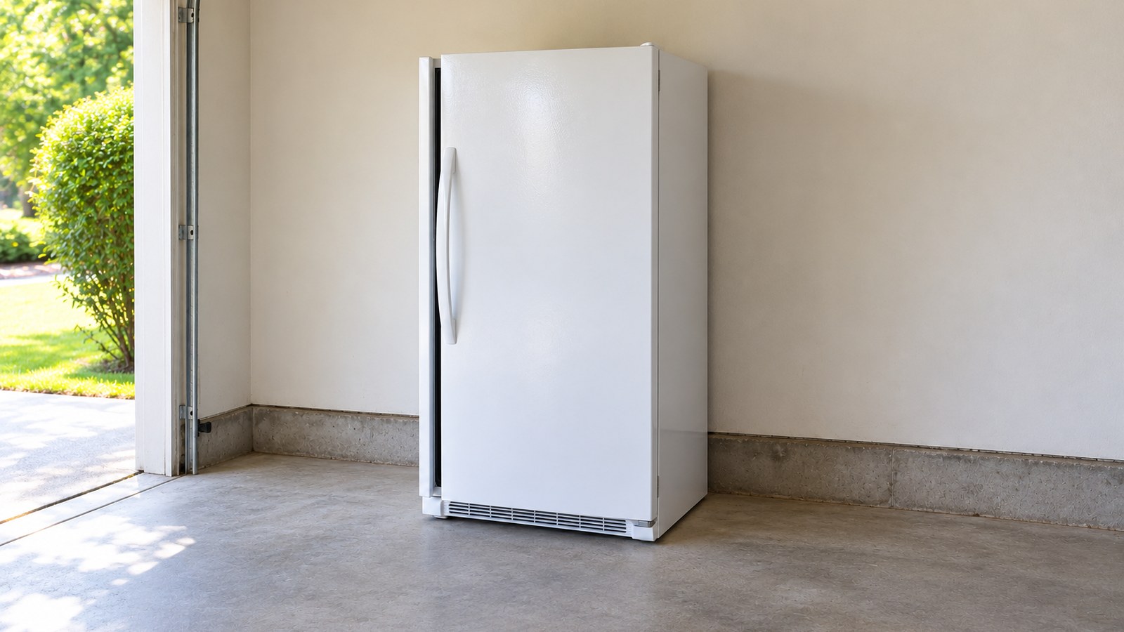 Plain white upright freezer with its door slightly ajar in a daylight garage