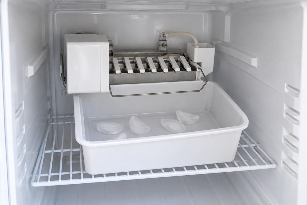 Frost-free ice maker with its wire arm lowered and a few crescent cubes