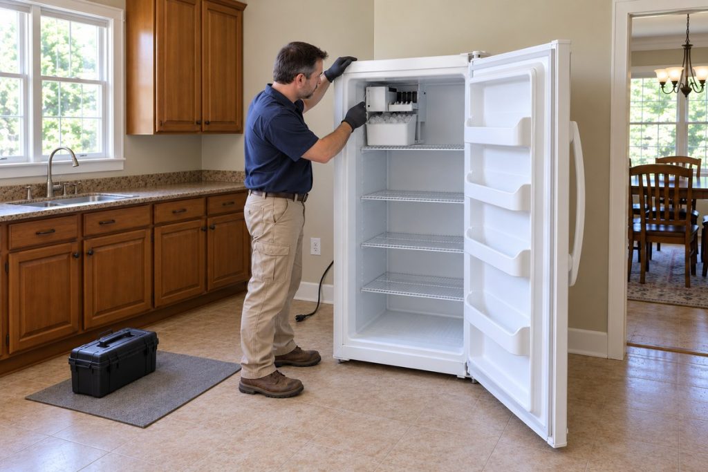 Technician beside the unplugged upright freezer actively checks the ice maker with a gloved hand