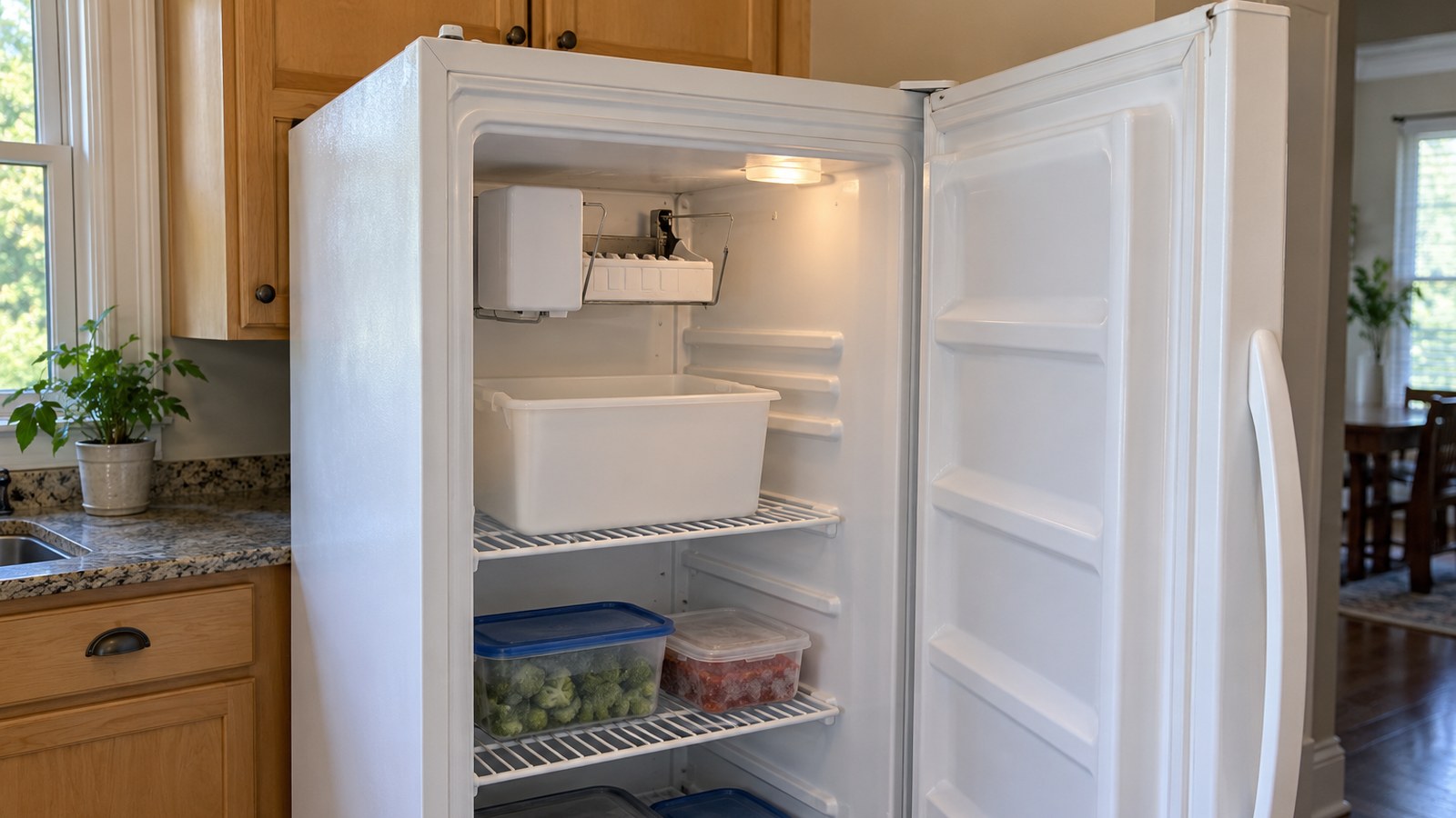 Open unbranded Kenmore-style upright freezer with an empty ice bin establishes the no-ice symptom