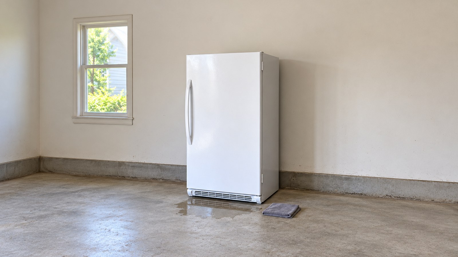 Small puddle before a closed white upright freezer