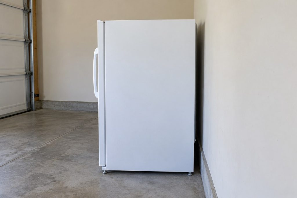 Unobstructed side view of the rear wall gap and bare freezer top