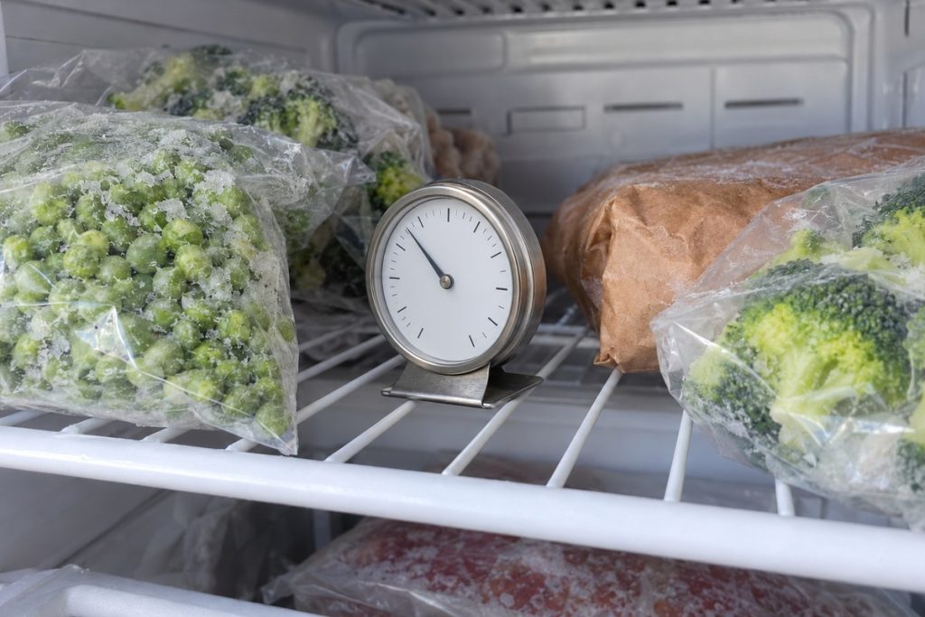 Freestanding analog appliance thermometer turned three-quarter toward the camera at the front of a wire shelf among frozen packages