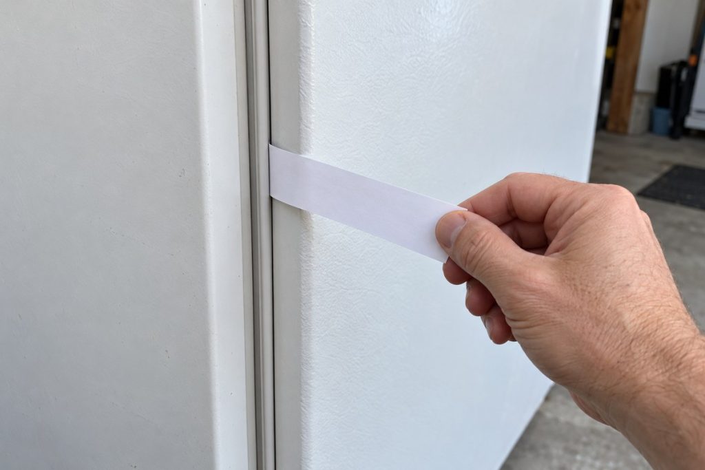 Hand gently pulling plain paper trapped in the closed door gasket