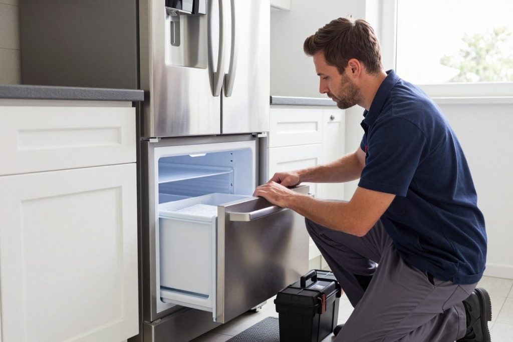 Technician inspecting frost inside the pulled-out freezer drawer of a refrigerator