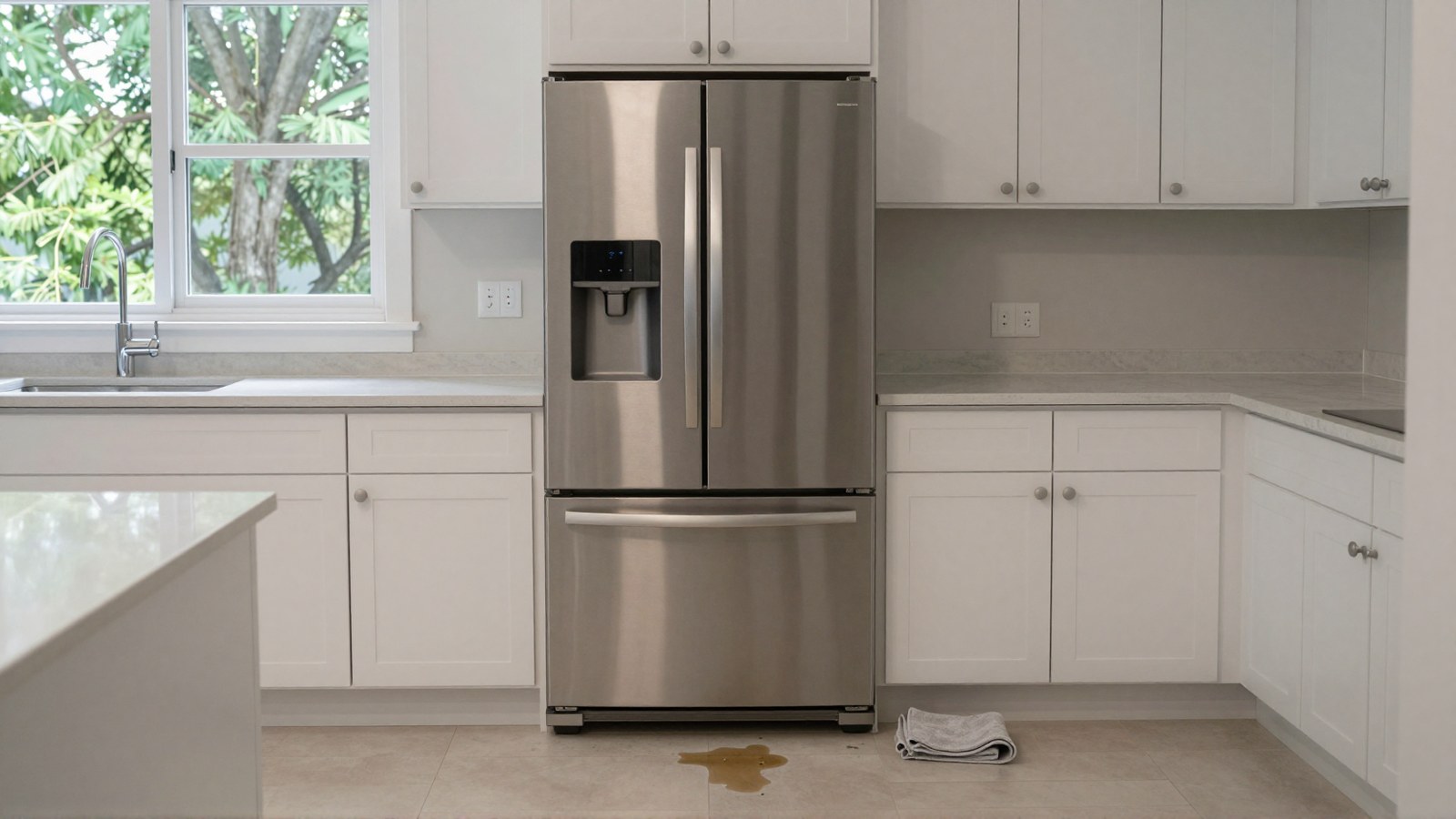 Small puddle of water on the kitchen floor in front of a Maytag French door refrigerator