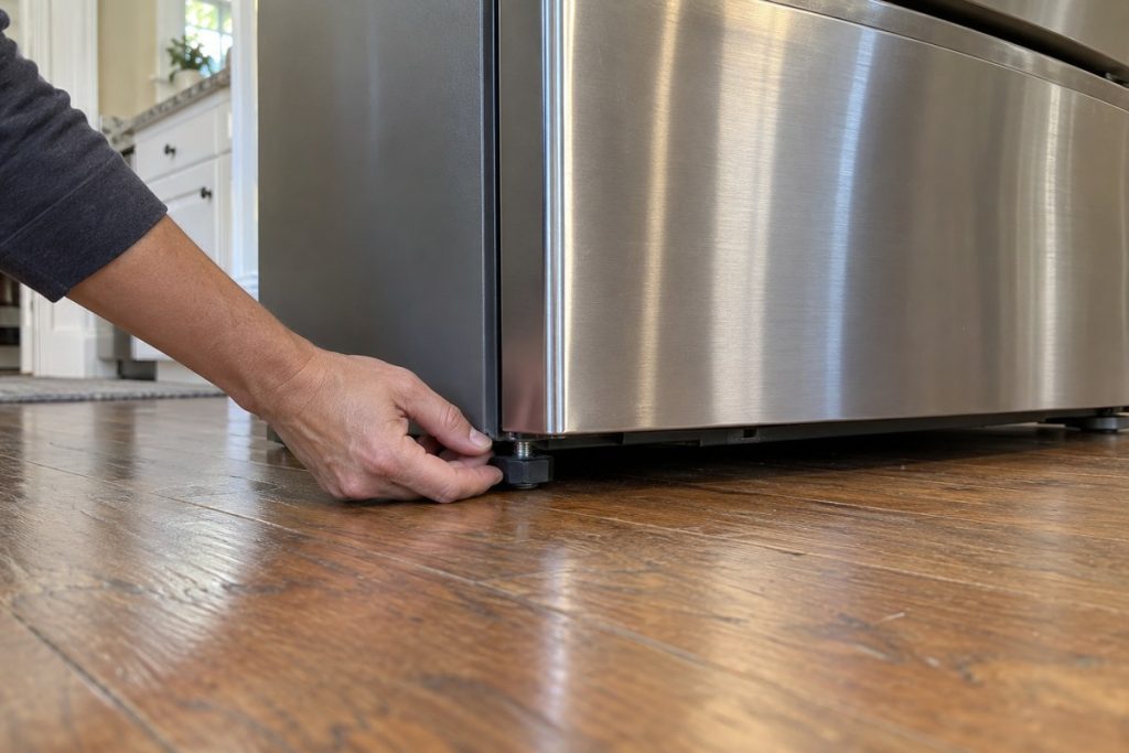 Hand adjusts a real front leveling foot resting on the floor