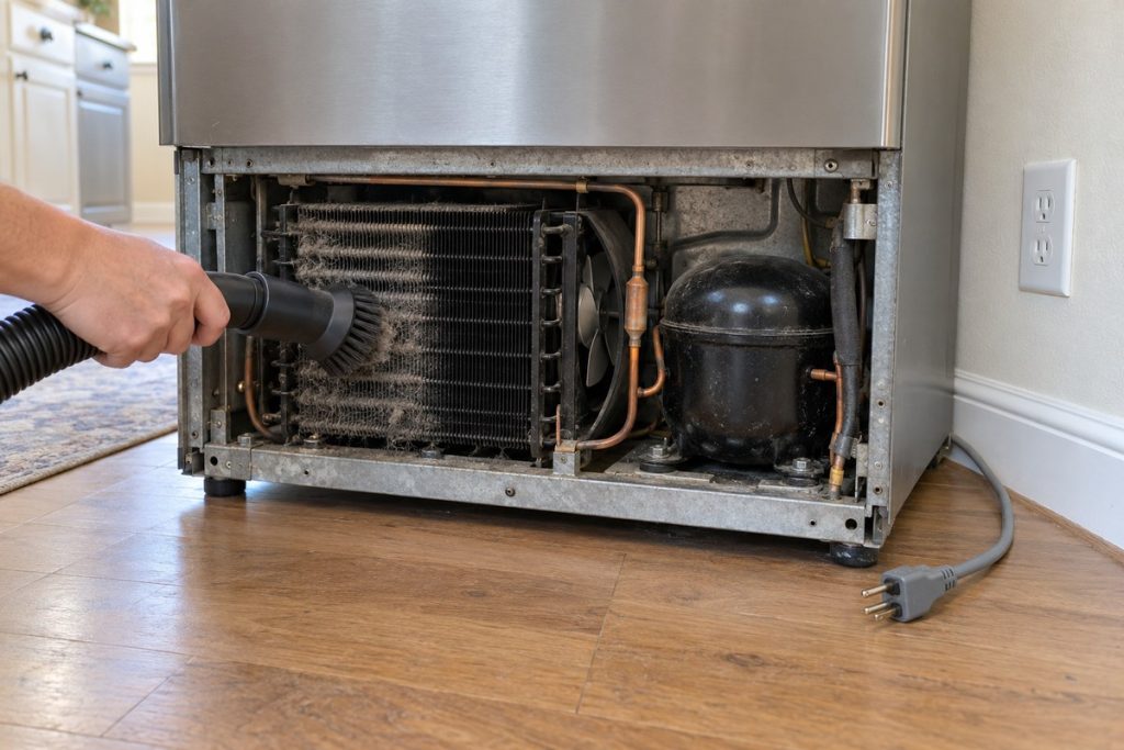 Vacuum brush removes dust from exposed lower-rear condenser fins