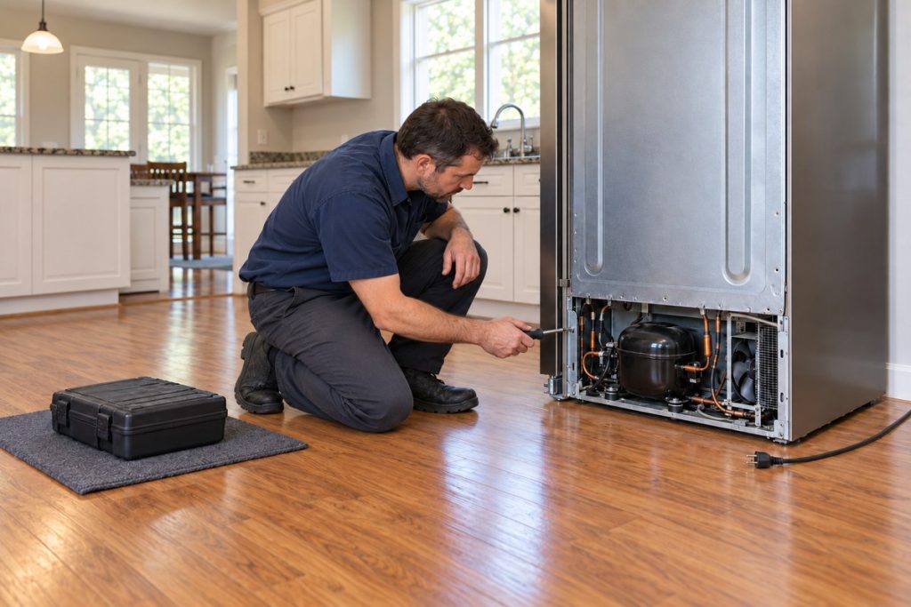 Technician kneels directly beside the unplugged refrigerator