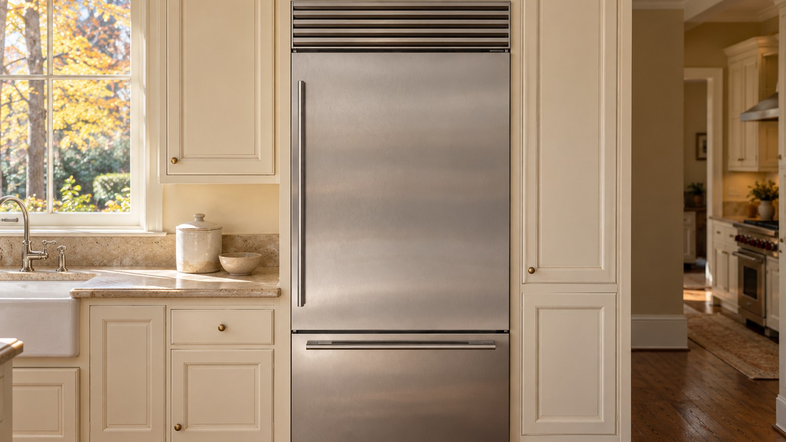 Older built-in Sub-Zero over-and-under refrigerator with a bottom freezer drawer in a classic Atlanta kitchen