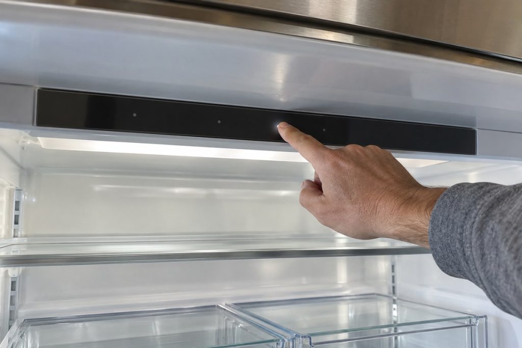 Fingertip touching a capacitive key on a refrigerator's dark electronic control panel