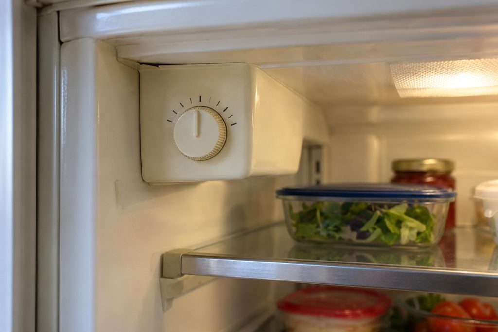 Numbered round temperature dial inside an older built-in refrigerator