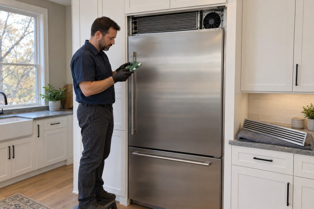 Technician in gloves holding an electronic control board at the open top compartment of a built-in refrigerator