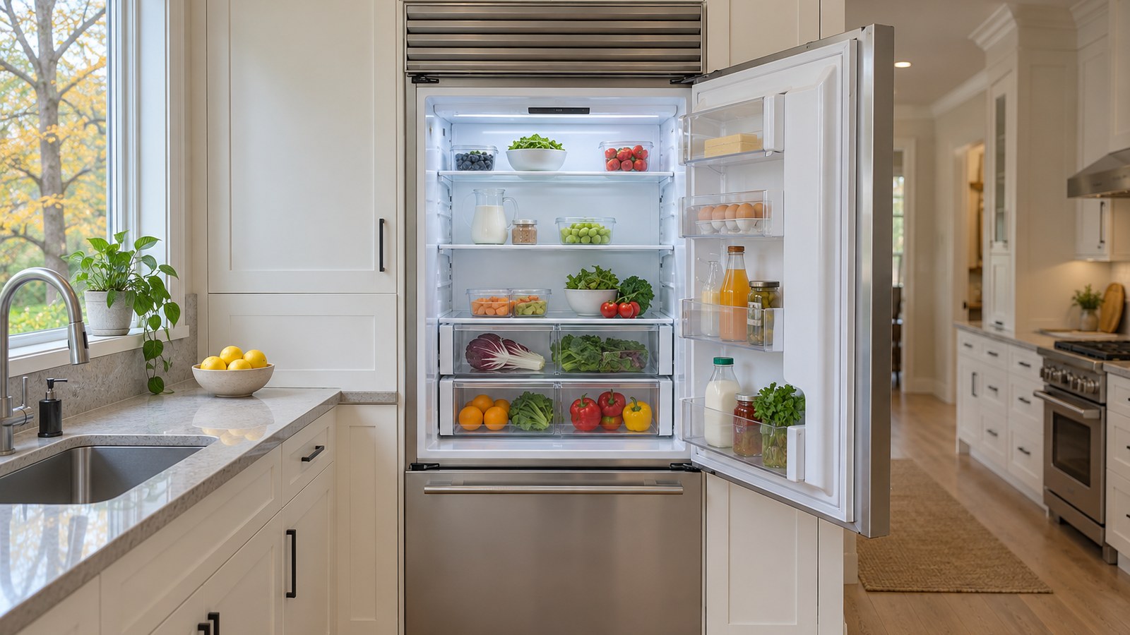 Built-in Sub-Zero over-and-under refrigerator with the door open, showing the dark control panel at the top of the compartment