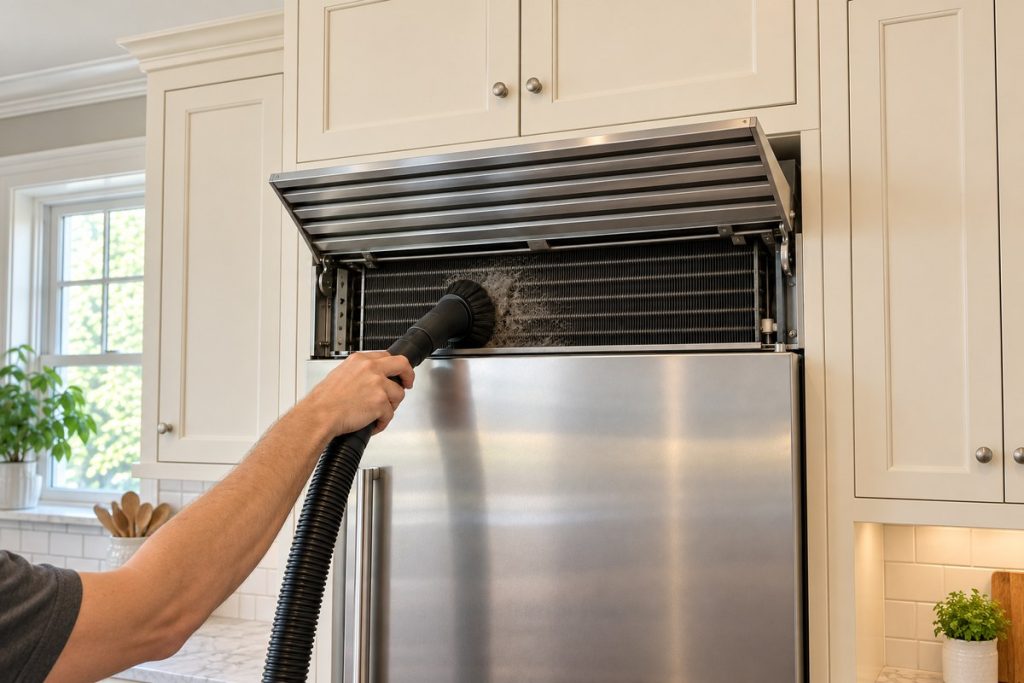 Soft vacuum brush removes dust from the condenser behind the raised top grille