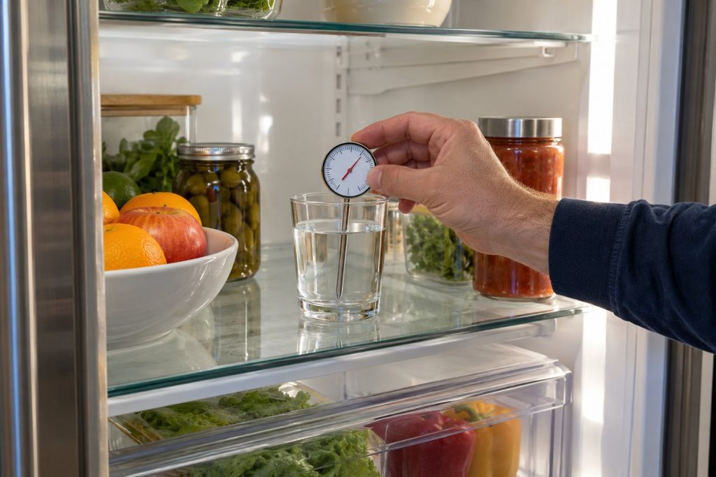 Checking refrigerator temperature with a probe thermometer in a glass of water on a Sub-Zero shelf