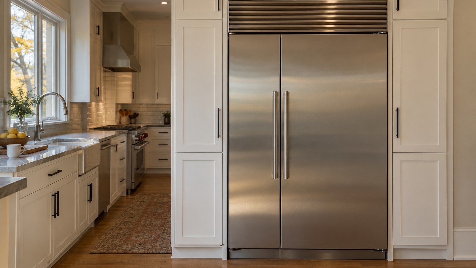 Built-in Sub-Zero side-by-side refrigerator in a quiet, sunlit kitchen with the top grille visible