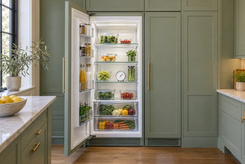 Open Sub-Zero Designer column refrigerator with a custom cabinet panel on the door and a thermometer on the middle shelf